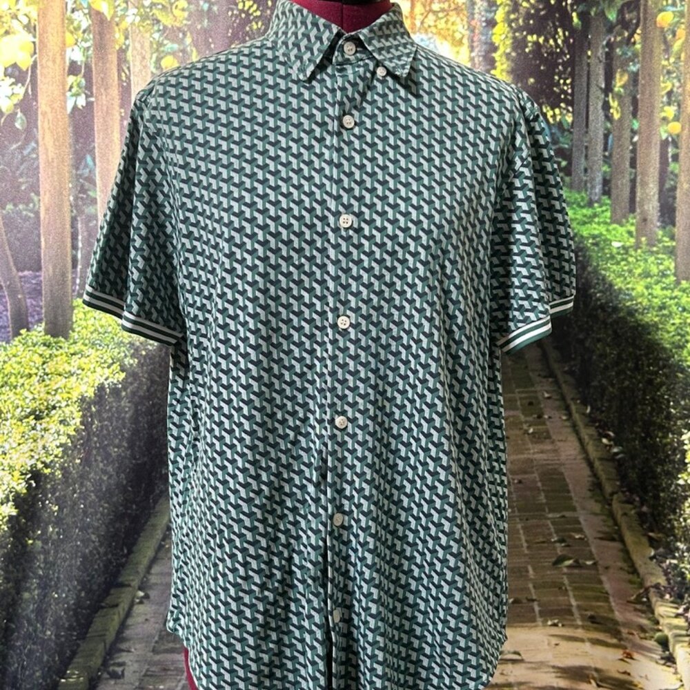 Murano Liquid Luxury Slim Fit Geometric Print Mens Short Sleeve Button Up Size M